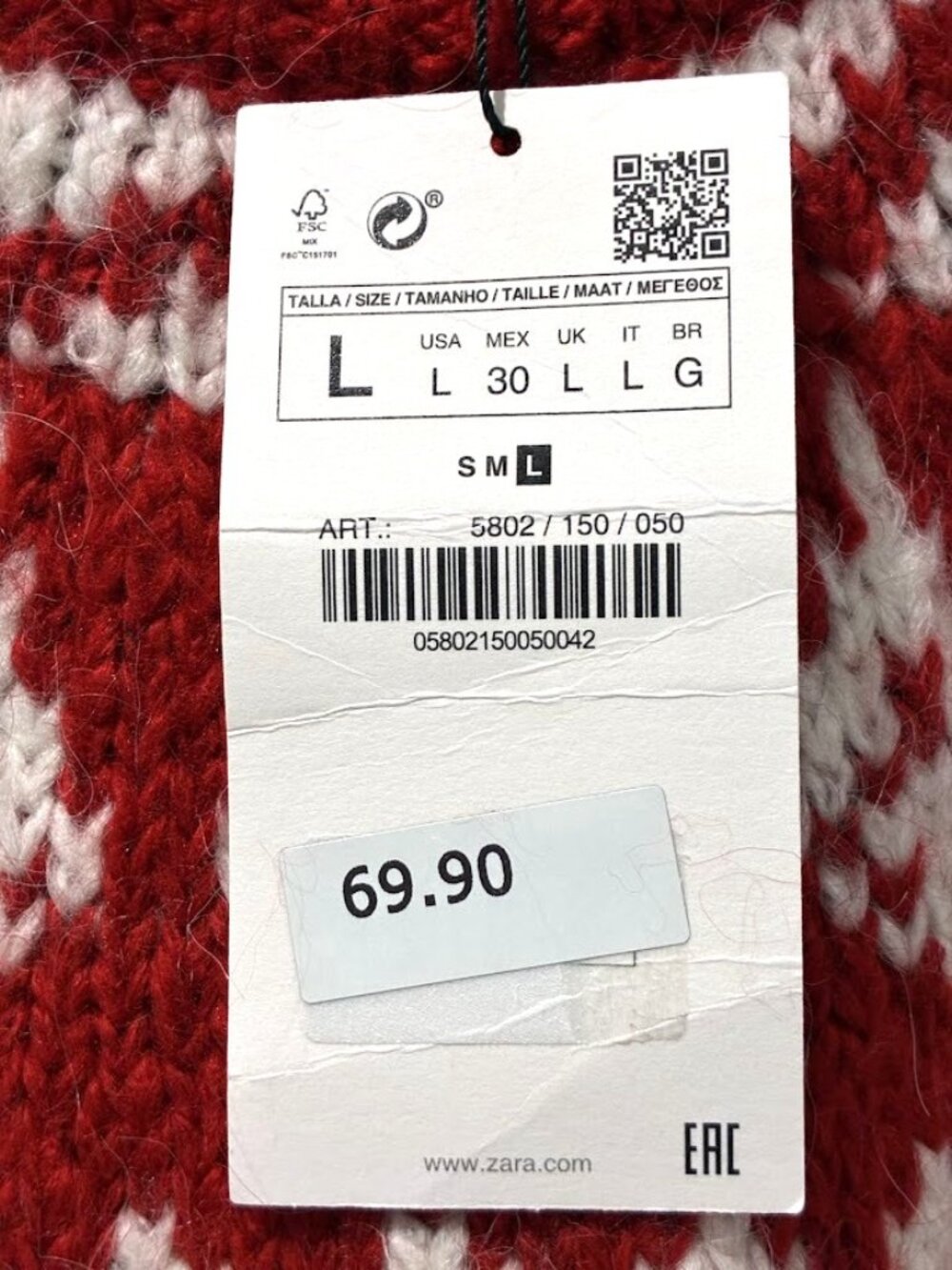 NWT Zara Fair Isle Textured Knit Sweater Red Cream Wool Blend Chunky Jacquard L - Picture 6 of 9